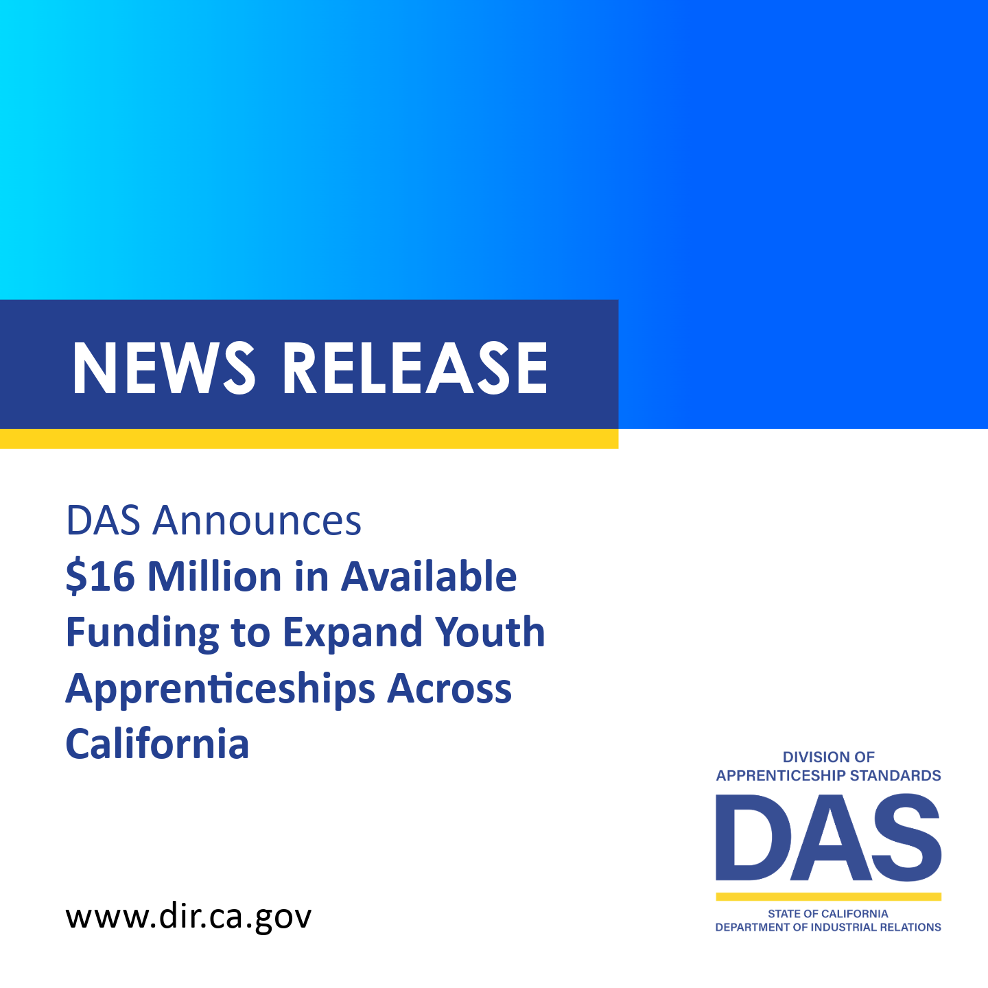 DAS Announces $16 Million in Available Funding to Expand Youth Apprenticeships Across California